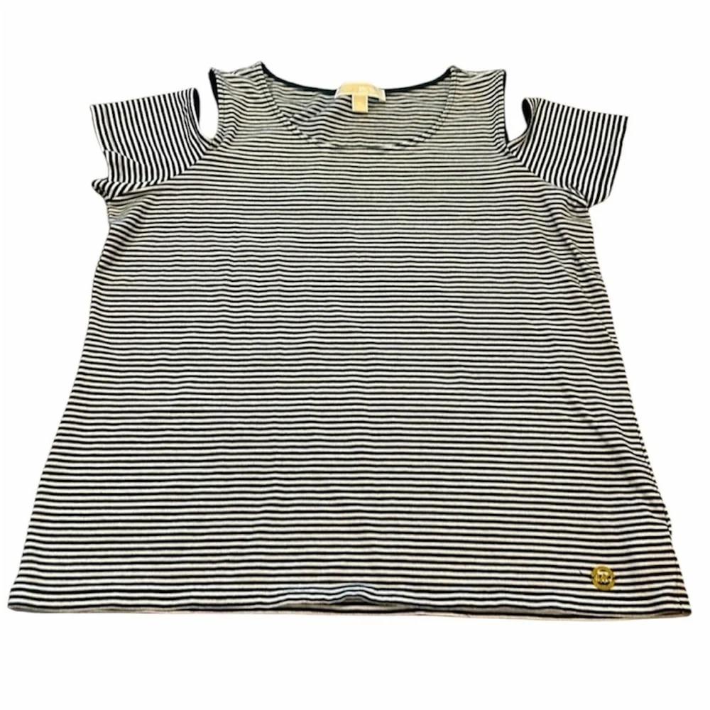 Michael Kors Cold Shoulder Short Sleeved Top Size XL Black White Striped